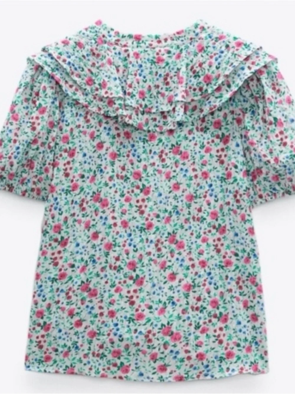 Zara White Floral Print Multi Color Crinkle V-Neck Puff Short Sleeve Top Blouse